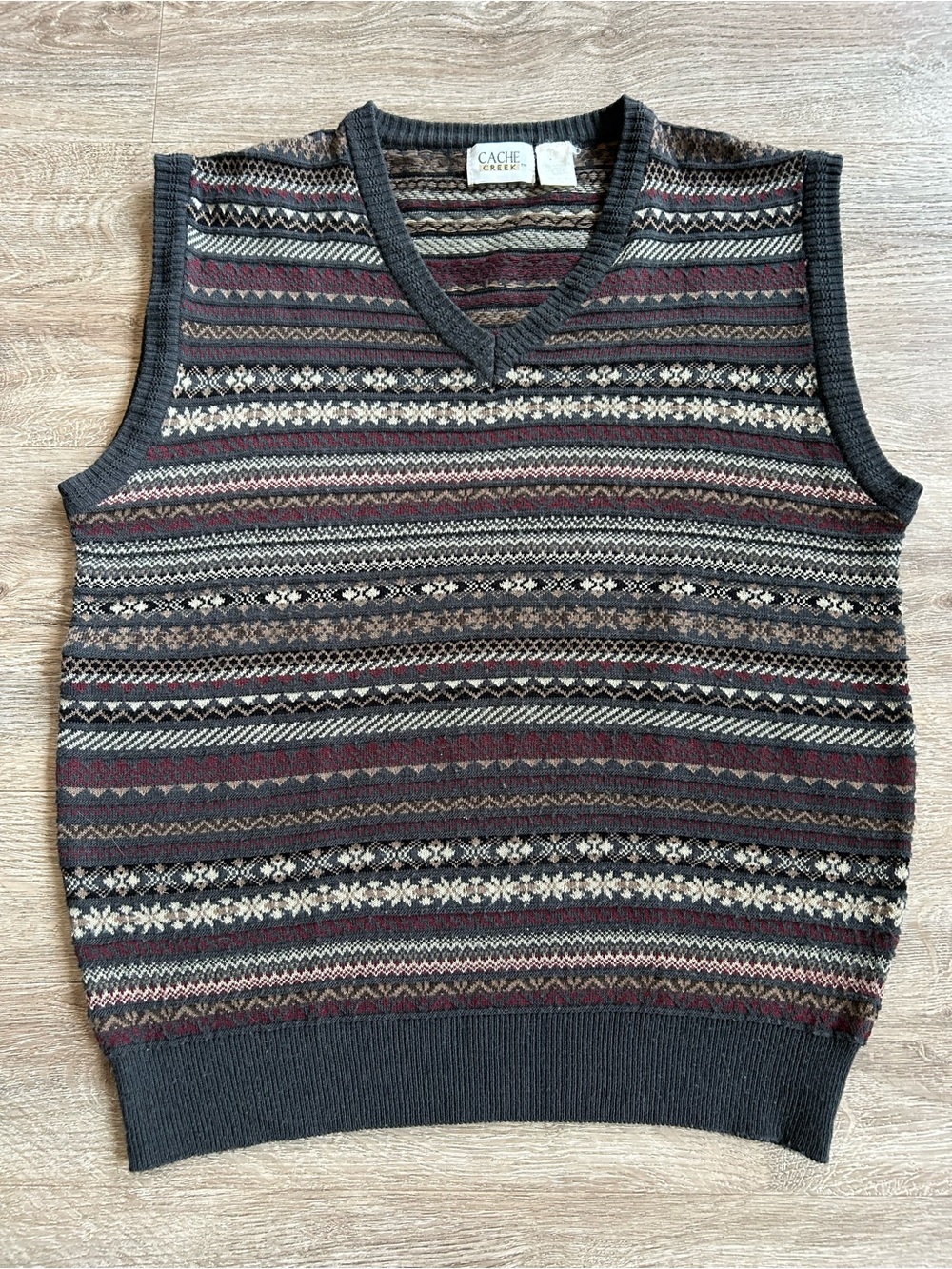 Men's V-Neck Patterned Sweater Vest - Charcoal/Grey & Burgundy